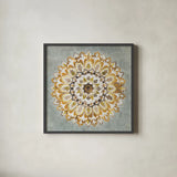 Mandala Delight II Yellow Grey by Danhui Nai. Shown in a sleek black glass frame for a contemporary gallery look. Available as an archival giclee rolled canvas, fine art paper, or poster print. SKU 45669a.