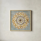 Mandala Delight II Yellow Grey by Danhui Nai. Shown in a natural wood glass frame for a timeless modern aesthetic. Available as an archival giclee rolled canvas, fine art paper, or poster print. SKU 45669a.