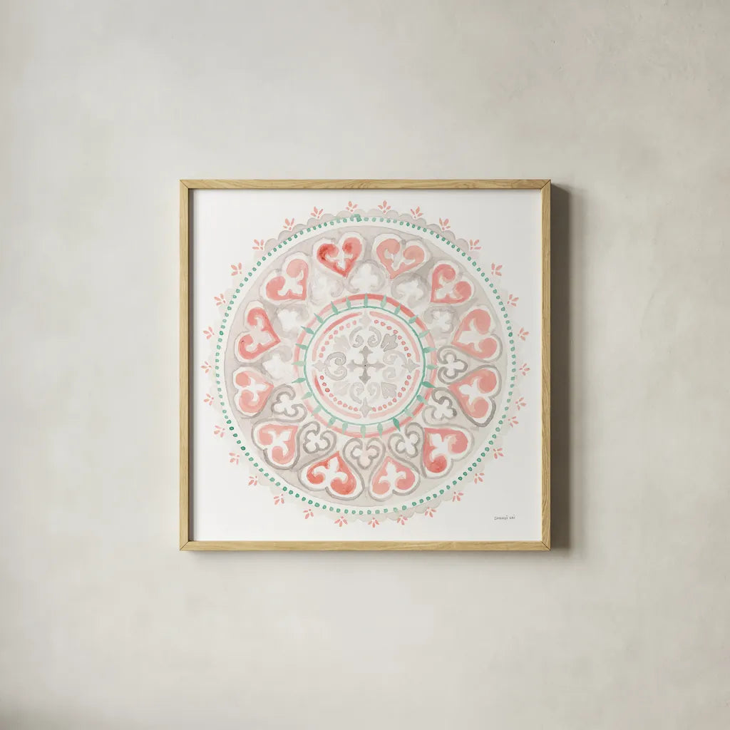 Mandala Delight III by Danhui Nai. Shown in a natural wood glass frame for a timeless modern aesthetic. Available as an archival giclee rolled canvas, fine art paper, or poster print. SKU 43081a.