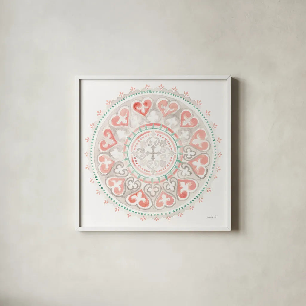 Mandala Delight III by Danhui Nai. Shown in a crisp white glass frame for a clean and minimalist style. Available as an archival giclee rolled canvas, fine art paper, or poster print. SKU 43081a.
