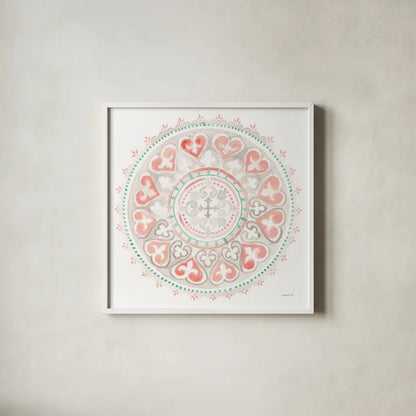 Mandala Delight III by Danhui Nai. Shown in a crisp white glass frame for a clean and minimalist style. Available as an archival giclee rolled canvas, fine art paper, or poster print. SKU 43081a.
