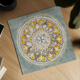 Mandala Delight III Yellow Grey by Danhui Nai. Shown as a detailed flat fine art print, highlighting archival giclee quality. Available as an archival giclee rolled canvas, fine art paper, or poster print. SKU 45670a.
