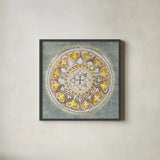 Mandala Delight III Yellow Grey by Danhui Nai. Shown in a sleek black glass frame for a contemporary gallery look. Available as an archival giclee rolled canvas, fine art paper, or poster print. SKU 45670a.