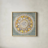 Mandala Delight III Yellow Grey by Danhui Nai. Shown in a natural wood glass frame for a timeless modern aesthetic. Available as an archival giclee rolled canvas, fine art paper, or poster print. SKU 45670a.