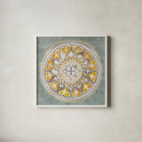Mandala Delight III Yellow Grey by Danhui Nai. Shown in a crisp white glass frame for a clean and minimalist style. Available as an archival giclee rolled canvas, fine art paper, or poster print. SKU 45670a.