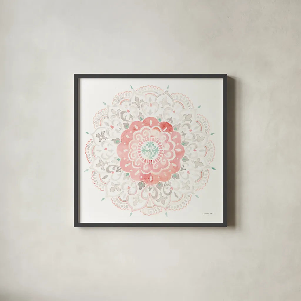 Mandala Delight IV by Danhui Nai. Shown in a sleek black glass frame for a contemporary gallery look. Available as an archival giclee rolled canvas, fine art paper, or poster print. SKU 43082a.
