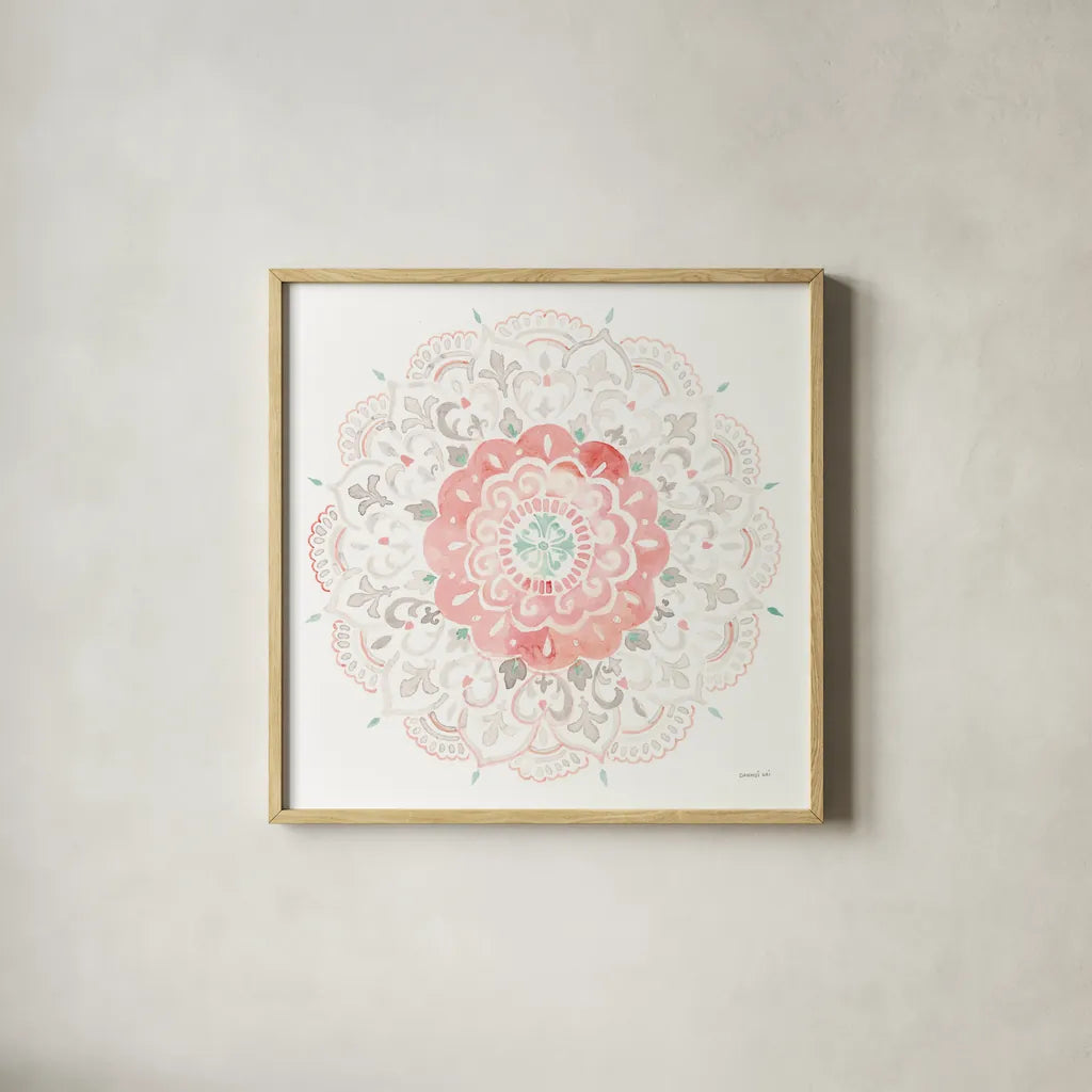 Mandala Delight IV by Danhui Nai. Shown in a natural wood glass frame for a timeless modern aesthetic. Available as an archival giclee rolled canvas, fine art paper, or poster print. SKU 43082a.