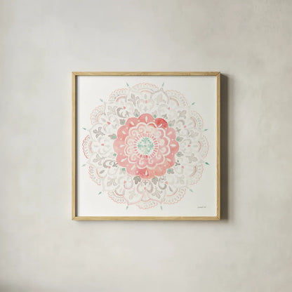 Mandala Delight IV by Danhui Nai. Shown in a natural wood glass frame for a timeless modern aesthetic. Available as an archival giclee rolled canvas, fine art paper, or poster print. SKU 43082a.