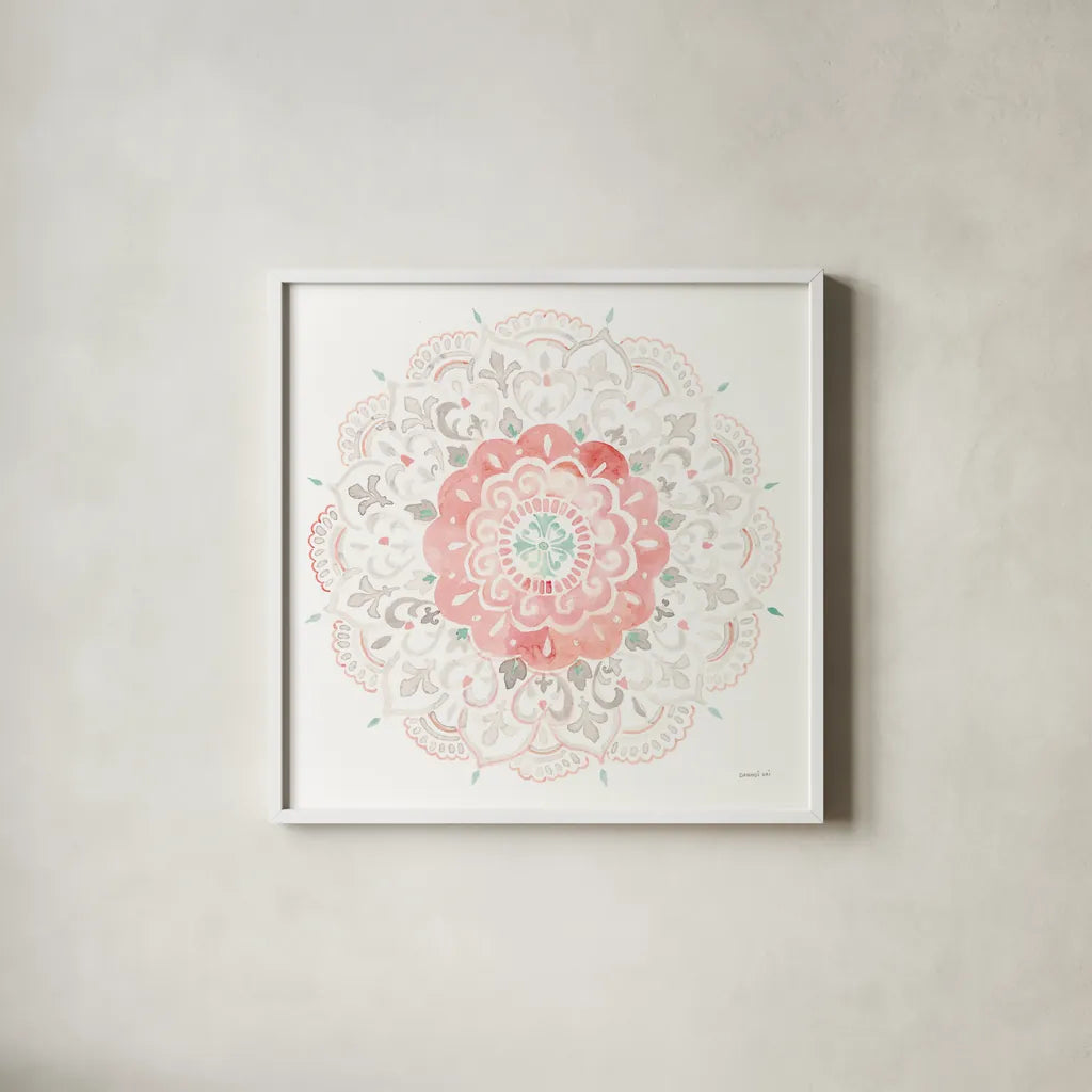 Mandala Delight IV by Danhui Nai. Shown in a crisp white glass frame for a clean and minimalist style. Available as an archival giclee rolled canvas, fine art paper, or poster print. SKU 43082a.