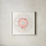 Mandala Delight IV by Danhui Nai. Shown in a crisp white glass frame for a clean and minimalist style. Available as an archival giclee rolled canvas, fine art paper, or poster print. SKU 43082a.