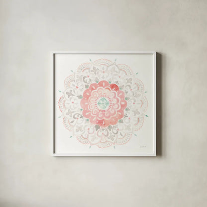 Mandala Delight IV by Danhui Nai. Shown in a crisp white glass frame for a clean and minimalist style. Available as an archival giclee rolled canvas, fine art paper, or poster print. SKU 43082a.