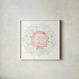 Mandala Delight IV Blue Green by Danhui Nai. Shown in a crisp white glass frame for a clean and minimalist style. Available as an archival giclee rolled canvas, fine art paper, or poster print. SKU 56948a.