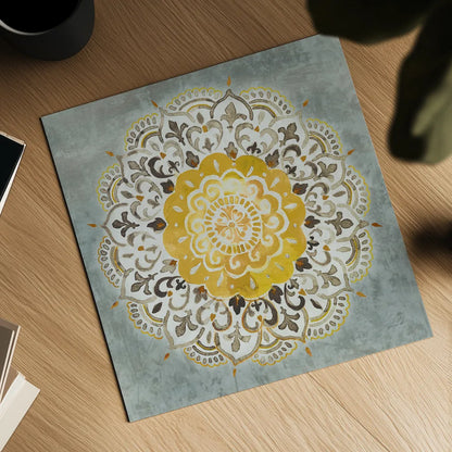 Mandala Delight IV Yellow Grey by Danhui Nai. Shown as a detailed flat fine art print, highlighting archival giclee quality. Available as an archival giclee rolled canvas, fine art paper, or poster print. SKU 45671a.