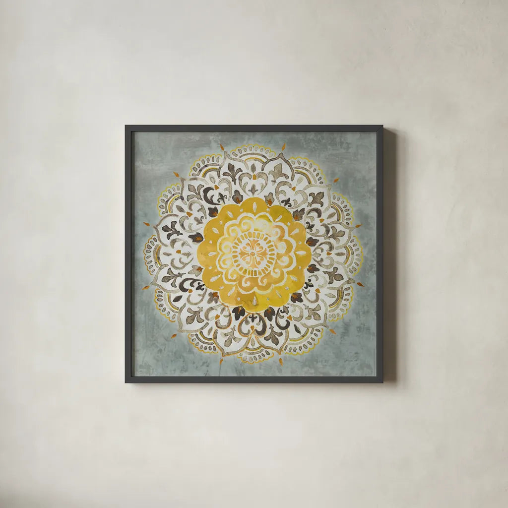 Mandala Delight IV Yellow Grey by Danhui Nai. Shown in a sleek black glass frame for a contemporary gallery look. Available as an archival giclee rolled canvas, fine art paper, or poster print. SKU 45671a.