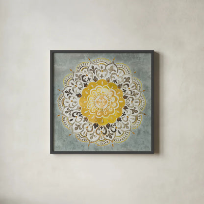 Mandala Delight IV Yellow Grey by Danhui Nai. Shown in a sleek black glass frame for a contemporary gallery look. Available as an archival giclee rolled canvas, fine art paper, or poster print. SKU 45671a.