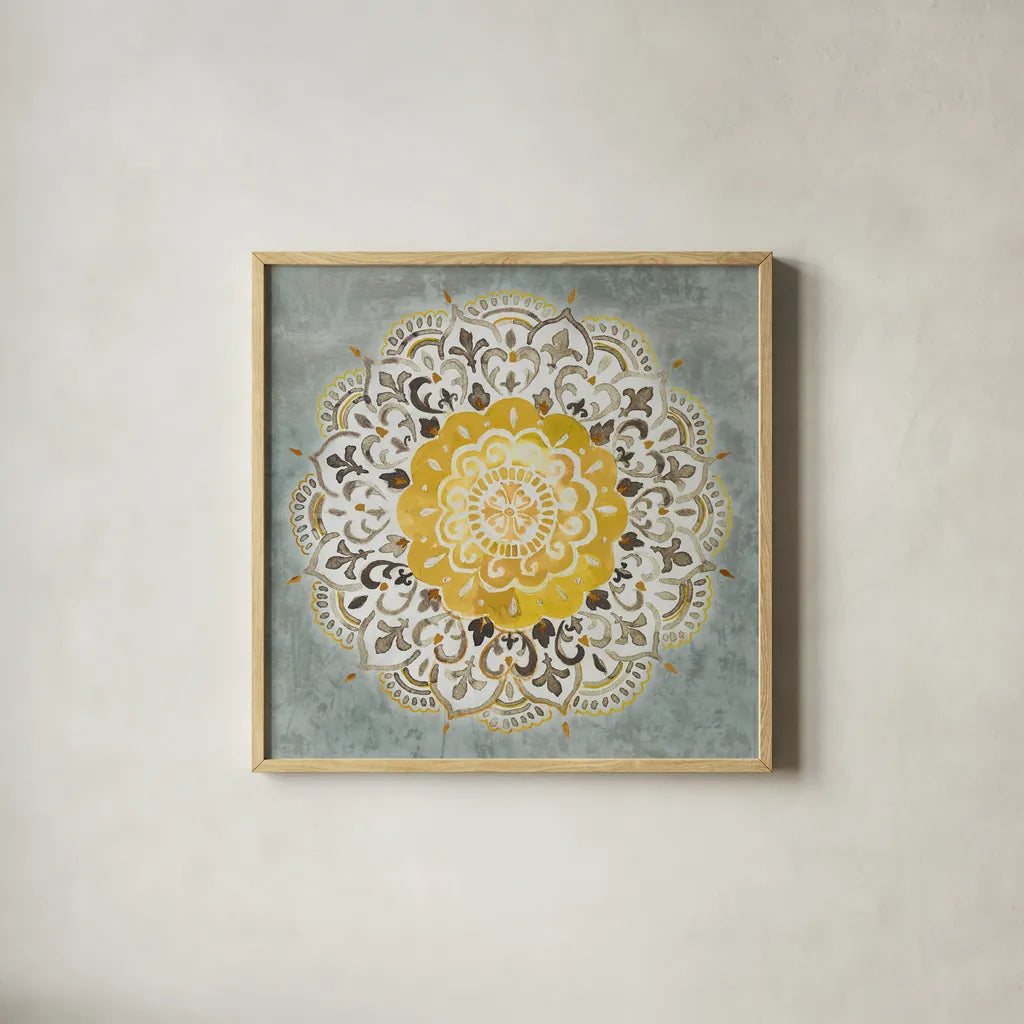 Mandala Delight IV Yellow Grey by Danhui Nai. Shown in a natural wood glass frame for a timeless modern aesthetic. Available as an archival giclee rolled canvas, fine art paper, or poster print. SKU 45671a.