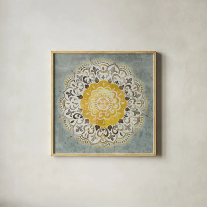 Mandala Delight IV Yellow Grey by Danhui Nai. Shown in a natural wood glass frame for a timeless modern aesthetic. Available as an archival giclee rolled canvas, fine art paper, or poster print. SKU 45671a.