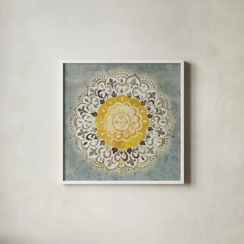 Mandala Delight IV Yellow Grey by Danhui Nai. Shown in a crisp white glass frame for a clean and minimalist style. Available as an archival giclee rolled canvas, fine art paper, or poster print. SKU 45671a.