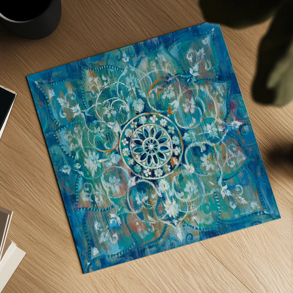Mandala in Blue I Sq by Danhui Nai. Shown as a detailed flat fine art print, highlighting archival giclee quality. Available as an archival giclee rolled canvas, fine art paper, or poster print. SKU 23482a.