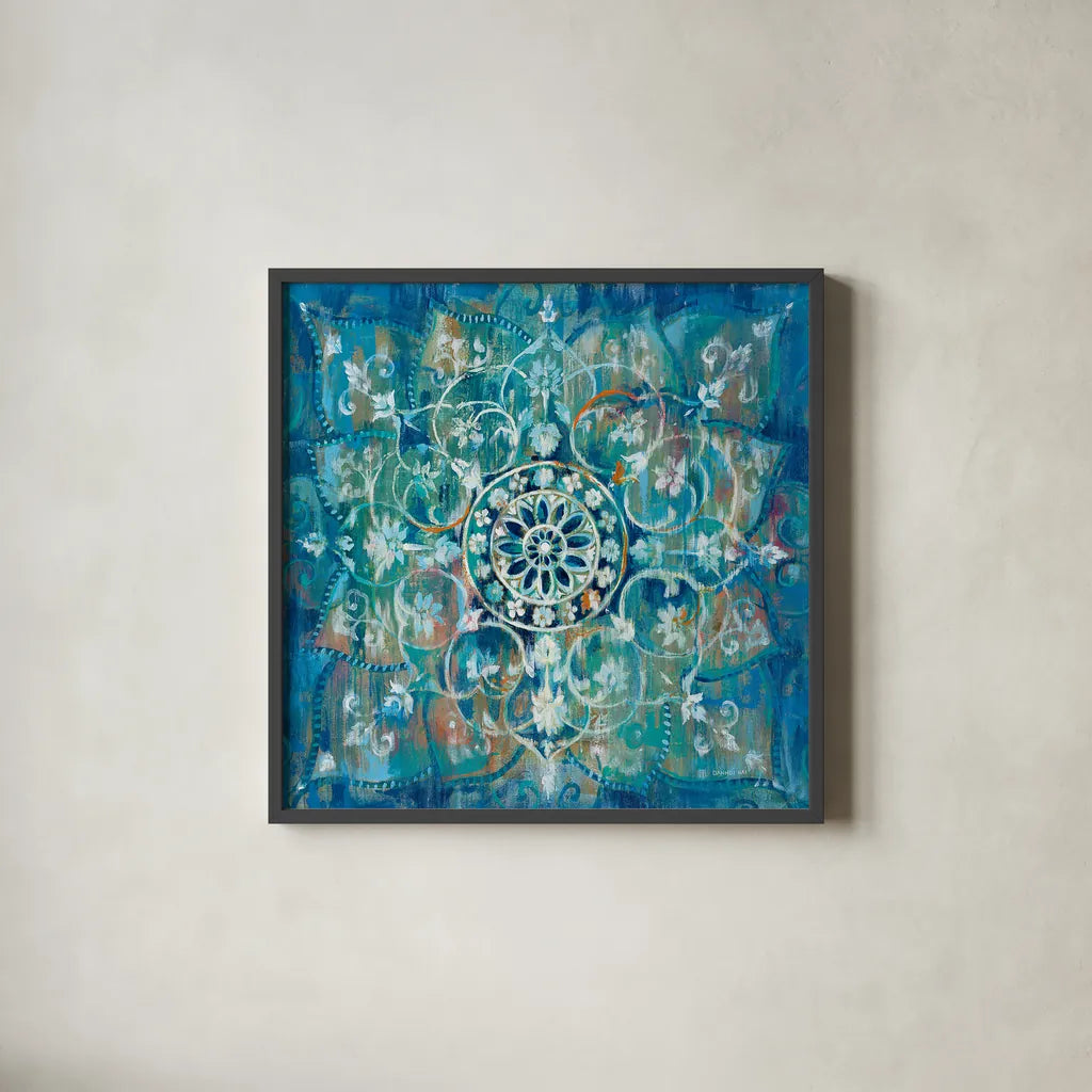 Mandala in Blue I Sq by Danhui Nai. Shown in a sleek black glass frame for a contemporary gallery look. Available as an archival giclee rolled canvas, fine art paper, or poster print. SKU 23482a.