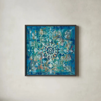 Mandala in Blue I Sq by Danhui Nai. Shown in a sleek black glass frame for a contemporary gallery look. Available as an archival giclee rolled canvas, fine art paper, or poster print. SKU 23482a.