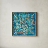 Mandala in Blue I Sq by Danhui Nai. Shown in a natural wood glass frame for a timeless modern aesthetic. Available as an archival giclee rolled canvas, fine art paper, or poster print. SKU 23482a.