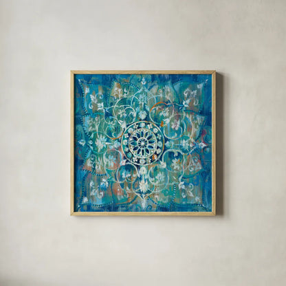 Mandala in Blue I Sq by Danhui Nai. Shown in a natural wood glass frame for a timeless modern aesthetic. Available as an archival giclee rolled canvas, fine art paper, or poster print. SKU 23482a.