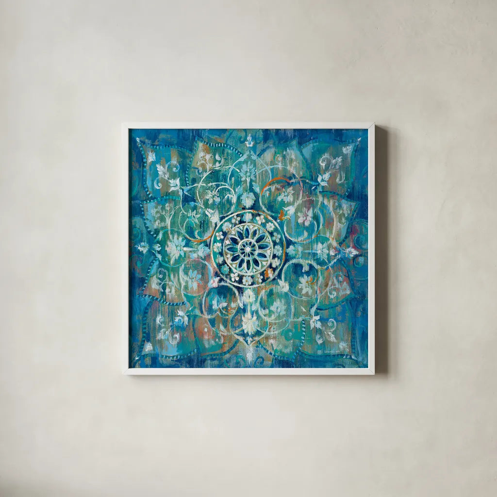 Mandala in Blue I Sq by Danhui Nai. Shown in a crisp white glass frame for a clean and minimalist style. Available as an archival giclee rolled canvas, fine art paper, or poster print. SKU 23482a.