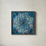 Mandala in Blue II by Danhui Nai. Shown in a sleek black glass frame for a contemporary gallery look. Available as an archival giclee rolled canvas, fine art paper, or poster print. SKU 23483a.
