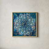 Mandala in Blue II by Danhui Nai. Shown in a natural wood glass frame for a timeless modern aesthetic. Available as an archival giclee rolled canvas, fine art paper, or poster print. SKU 23483a.