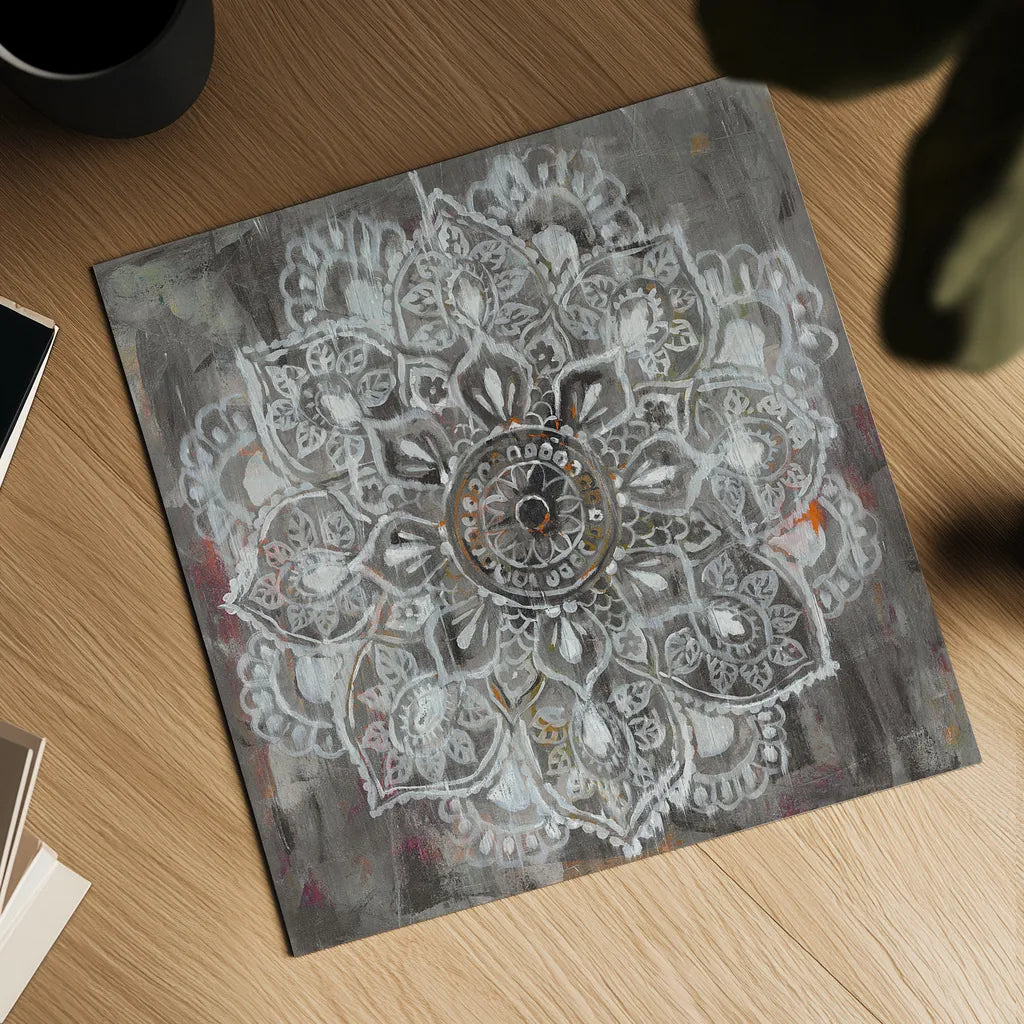 Mandala in Neutral II by Danhui Nai. Shown as a detailed flat fine art print, highlighting archival giclee quality. Available as an archival giclee rolled canvas, fine art paper, or poster print. SKU 26480a.