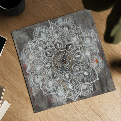 Mandala in Neutral II by Danhui Nai. Shown as a detailed flat fine art print, highlighting archival giclee quality. Available as an archival giclee rolled canvas, fine art paper, or poster print. SKU 26480a.