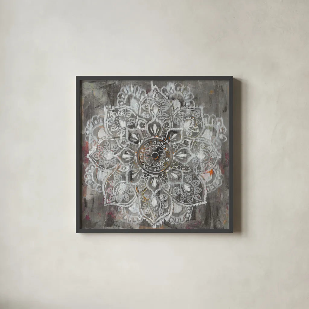 Mandala in Neutral II by Danhui Nai. Shown in a sleek black glass frame for a contemporary gallery look. Available as an archival giclee rolled canvas, fine art paper, or poster print. SKU 26480a.