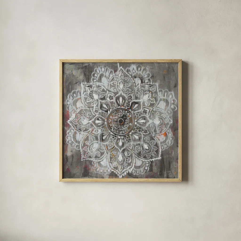 Mandala in Neutral II by Danhui Nai. Shown in a natural wood glass frame for a timeless modern aesthetic. Available as an archival giclee rolled canvas, fine art paper, or poster print. SKU 26480a.