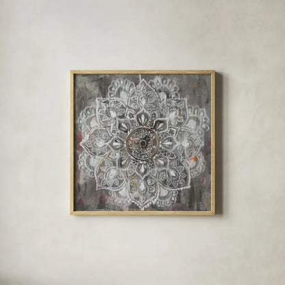 Mandala in Neutral II by Danhui Nai. Shown in a natural wood glass frame for a timeless modern aesthetic. Available as an archival giclee rolled canvas, fine art paper, or poster print. SKU 26480a.
