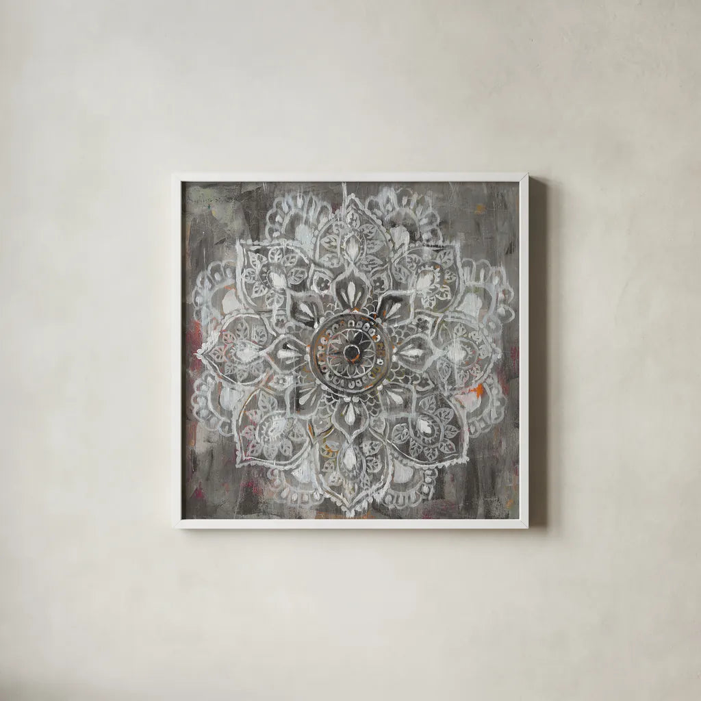 Mandala in Neutral II by Danhui Nai. Shown in a crisp white glass frame for a clean and minimalist style. Available as an archival giclee rolled canvas, fine art paper, or poster print. SKU 26480a.