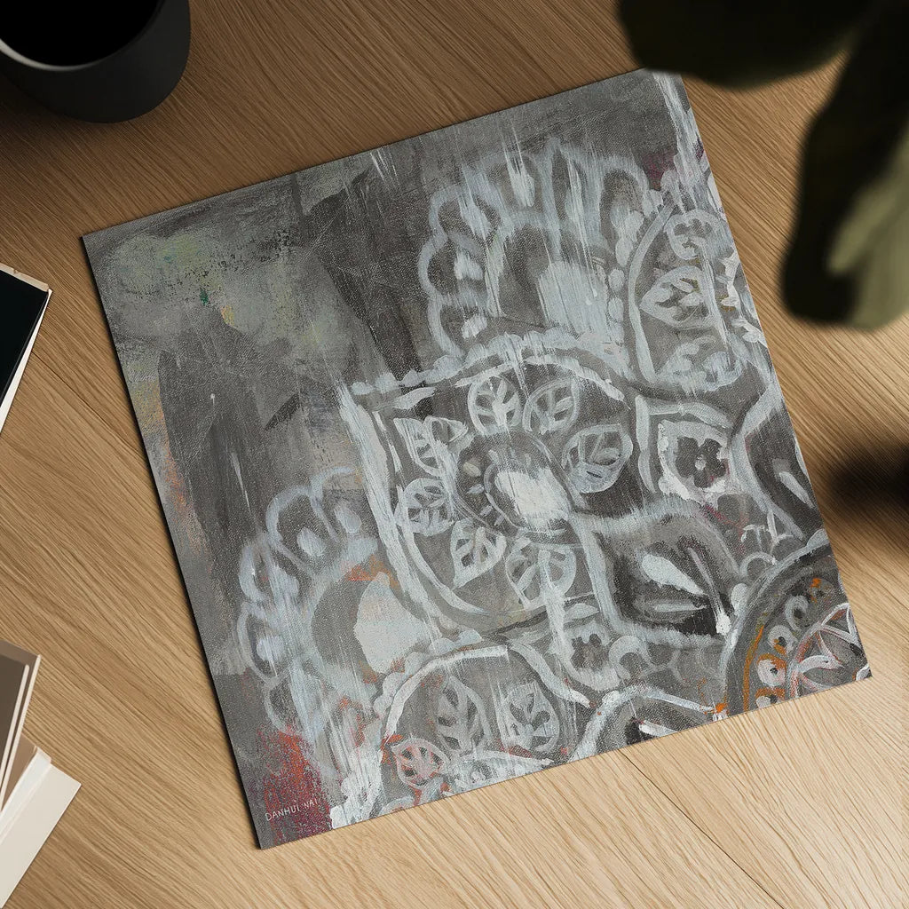 Mandala in Neutral II Sq I by Danhui Nai. Shown as a detailed flat fine art print, highlighting archival giclee quality. Available as an archival giclee rolled canvas, fine art paper, or poster print. SKU 28147a.