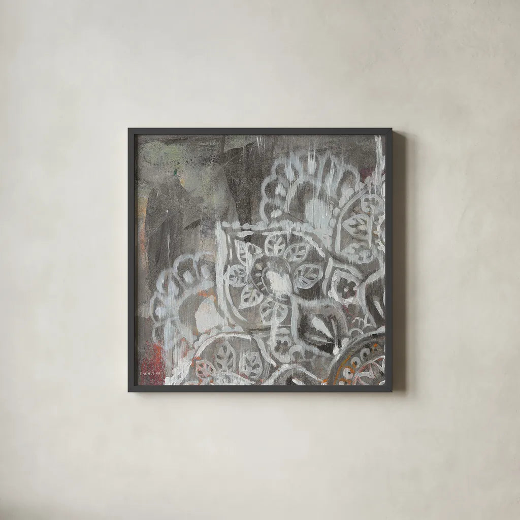 Mandala in Neutral II Sq I by Danhui Nai. Shown in a sleek black glass frame for a contemporary gallery look. Available as an archival giclee rolled canvas, fine art paper, or poster print. SKU 28147a.