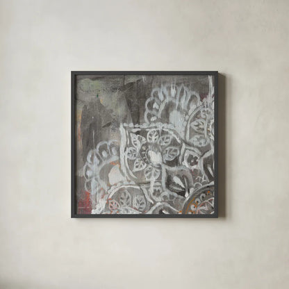 Mandala in Neutral II Sq I by Danhui Nai. Shown in a sleek black glass frame for a contemporary gallery look. Available as an archival giclee rolled canvas, fine art paper, or poster print. SKU 28147a.