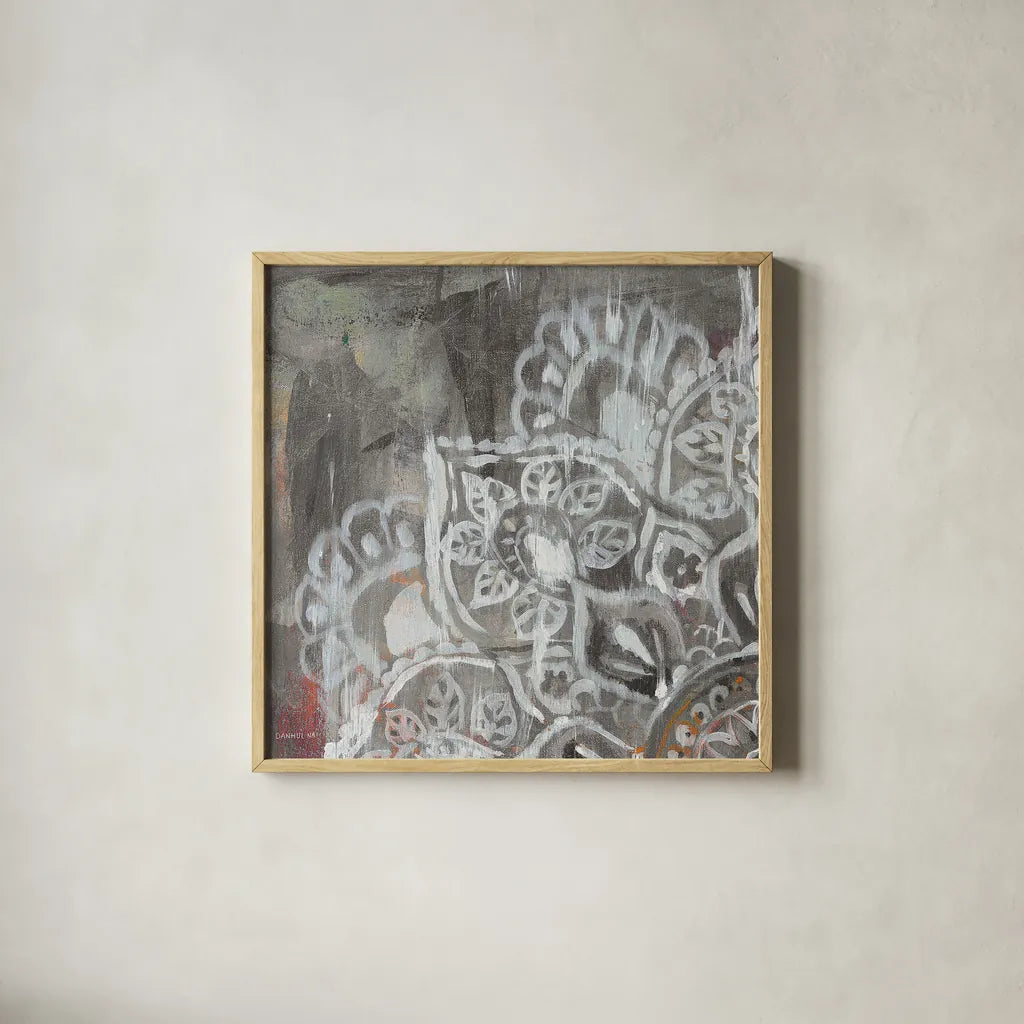 Mandala in Neutral II Sq I by Danhui Nai. Shown in a natural wood glass frame for a timeless modern aesthetic. Available as an archival giclee rolled canvas, fine art paper, or poster print. SKU 28147a.