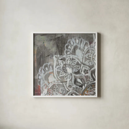 Mandala in Neutral II Sq I by Danhui Nai. Shown in a crisp white glass frame for a clean and minimalist style. Available as an archival giclee rolled canvas, fine art paper, or poster print. SKU 28147a.
