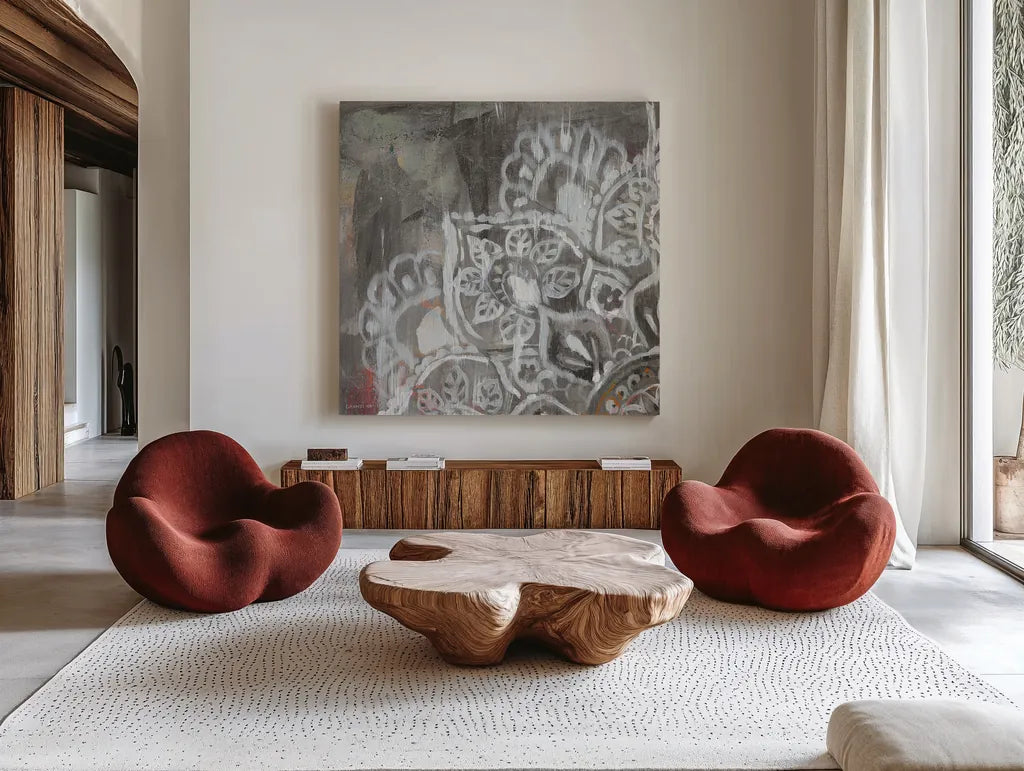 Mandala in Neutral II Sq I by Danhui Nai. Shown as extra-large giant wall art in a modern living room. Available as an archival giclee rolled canvas, fine art paper, or poster print. SKU 28147a.