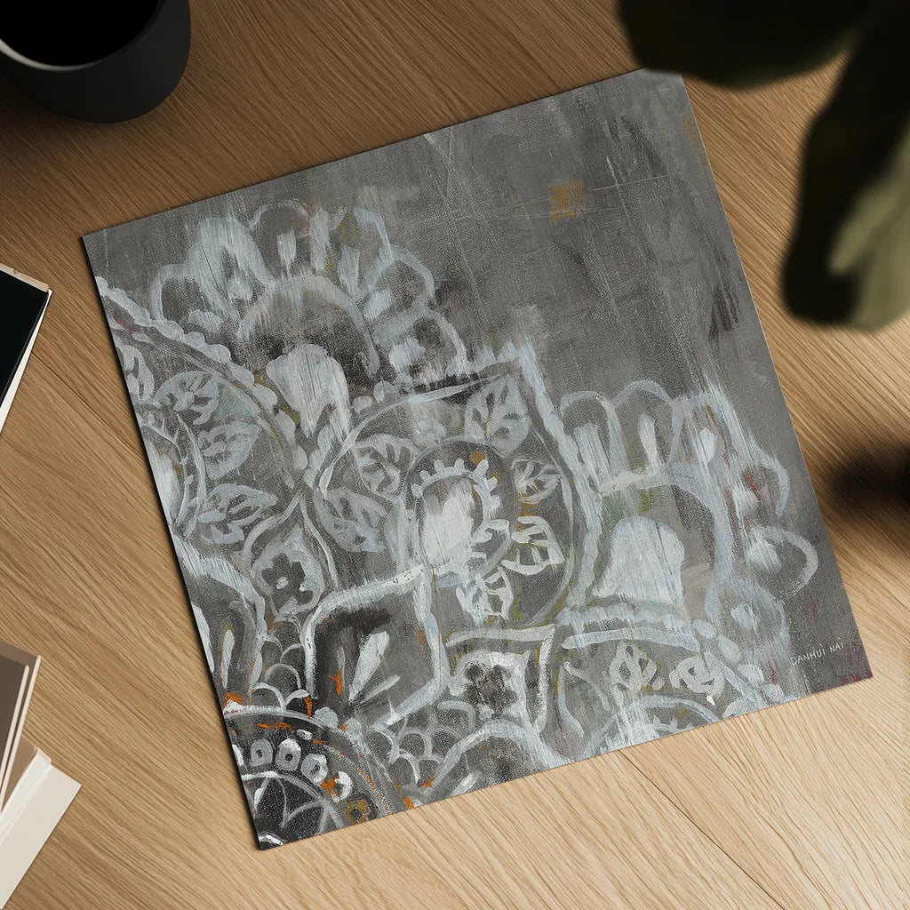 Mandala in Neutral II Sq II by Danhui Nai. Shown as a detailed flat fine art print, highlighting archival giclee quality. Available as an archival giclee rolled canvas, fine art paper, or poster print. SKU 28148a.