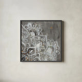 Mandala in Neutral II Sq II by Danhui Nai. Shown in a sleek black glass frame for a contemporary gallery look. Available as an archival giclee rolled canvas, fine art paper, or poster print. SKU 28148a.