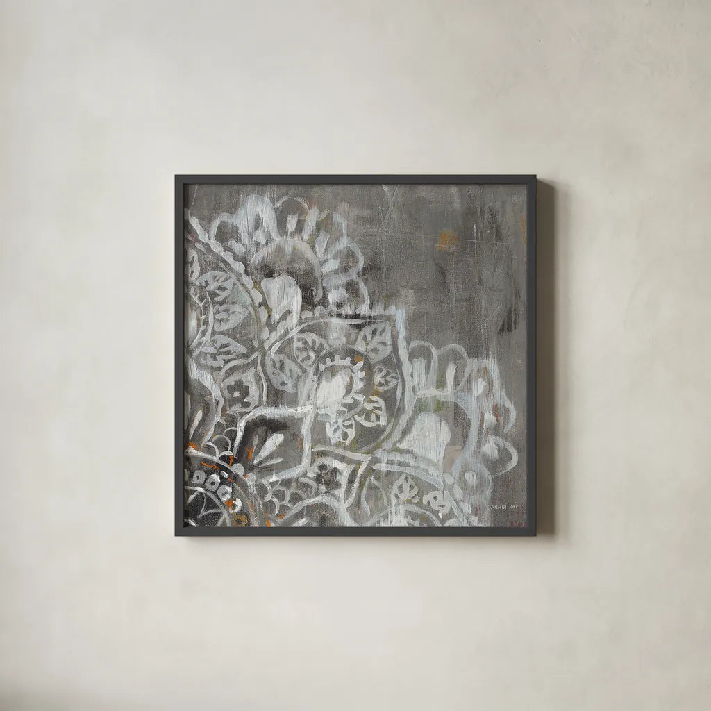 Mandala in Neutral II Sq II by Danhui Nai. Shown in a sleek black glass frame for a contemporary gallery look. Available as an archival giclee rolled canvas, fine art paper, or poster print. SKU 28148a.