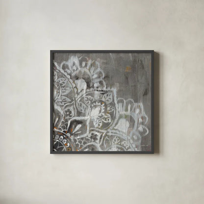 Mandala in Neutral II Sq II by Danhui Nai. Shown in a sleek black glass frame for a contemporary gallery look. Available as an archival giclee rolled canvas, fine art paper, or poster print. SKU 28148a.