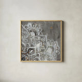 Mandala in Neutral II Sq II by Danhui Nai. Shown in a natural wood glass frame for a timeless modern aesthetic. Available as an archival giclee rolled canvas, fine art paper, or poster print. SKU 28148a.