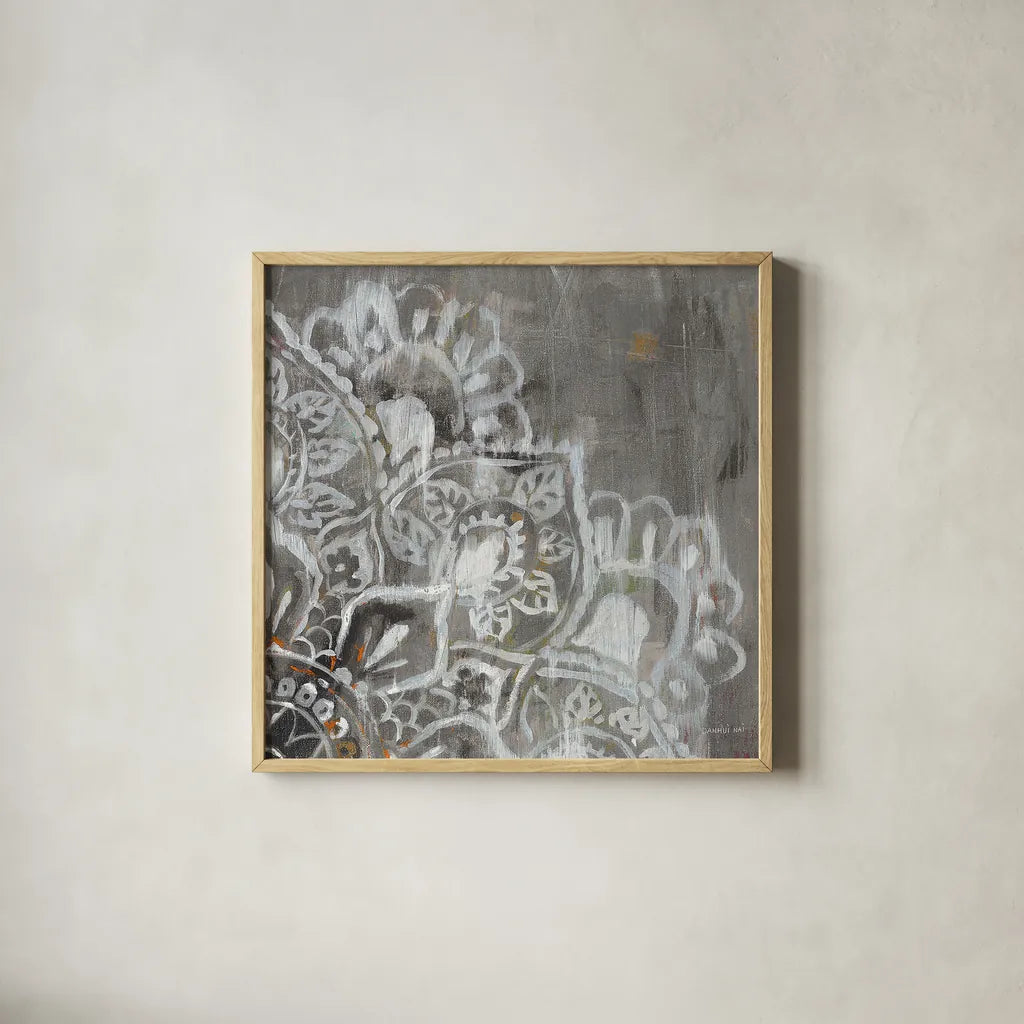 Mandala in Neutral II Sq II by Danhui Nai. Shown in a natural wood glass frame for a timeless modern aesthetic. Available as an archival giclee rolled canvas, fine art paper, or poster print. SKU 28148a.