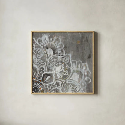 Mandala in Neutral II Sq II by Danhui Nai. Shown in a natural wood glass frame for a timeless modern aesthetic. Available as an archival giclee rolled canvas, fine art paper, or poster print. SKU 28148a.