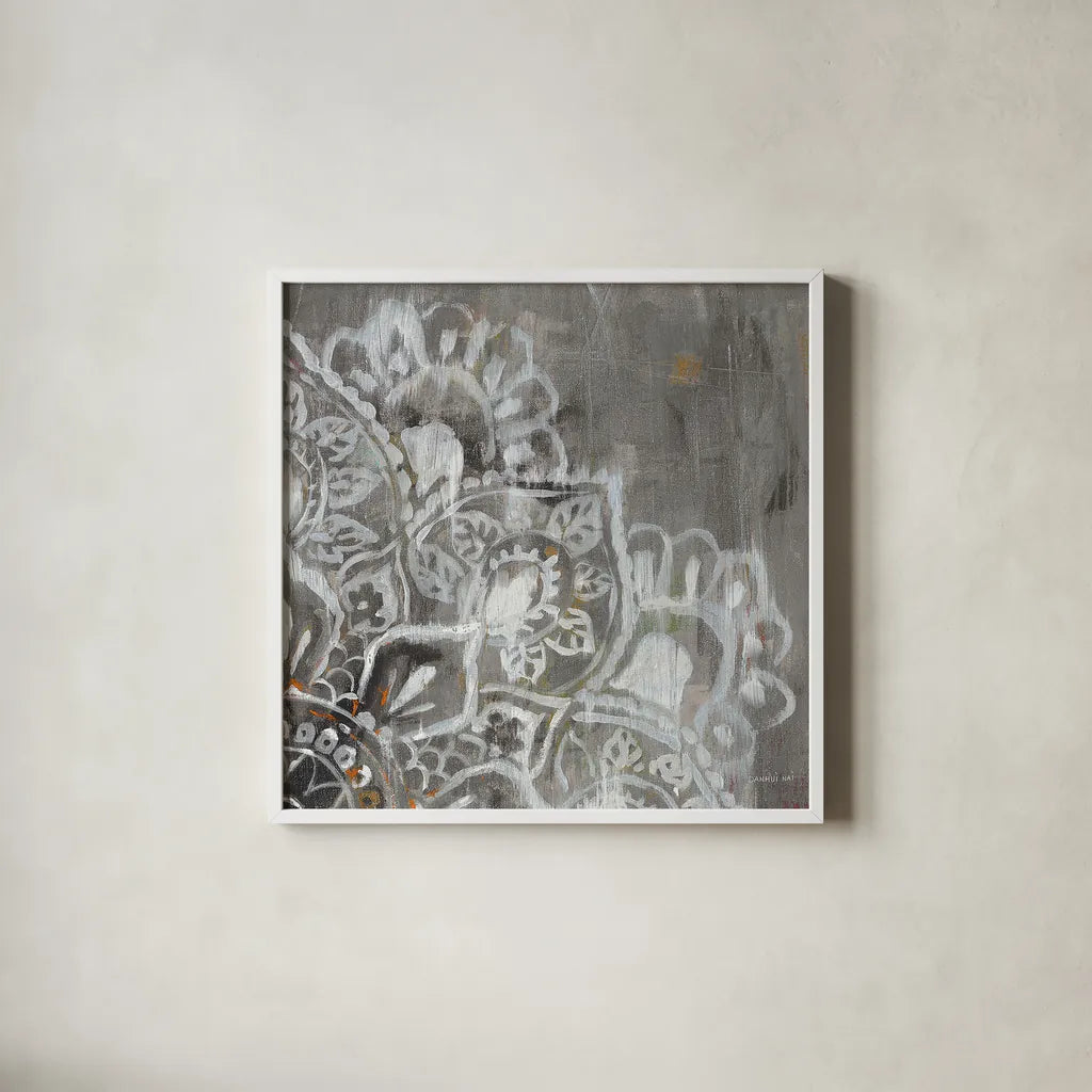 Mandala in Neutral II Sq II by Danhui Nai. Shown in a crisp white glass frame for a clean and minimalist style. Available as an archival giclee rolled canvas, fine art paper, or poster print. SKU 28148a.